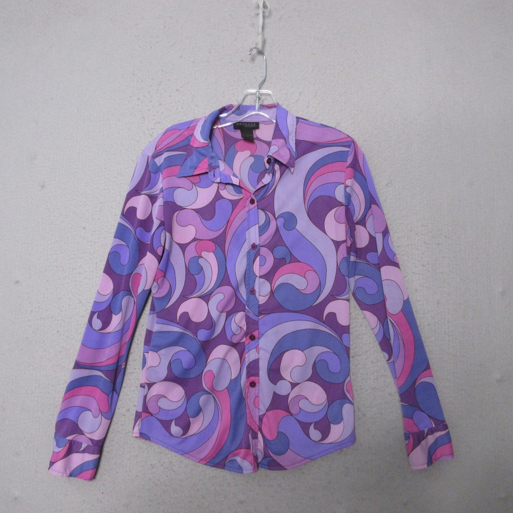 Vintage Express Worldwide Top Purple Psychedelic Swirl Mod Y2K Disco Statement